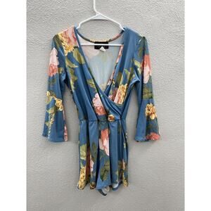 Womens Say Anything Romper Size Medium Blue Floral Long Bell Sleeve